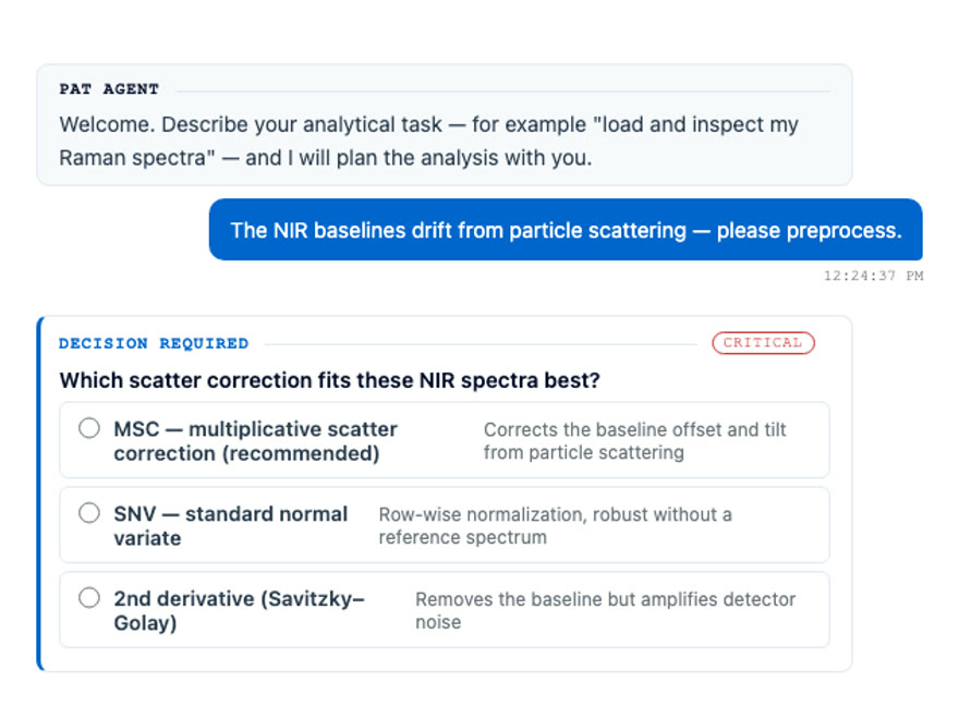 Decision card: choosing the scatter correction (MSC, SNV, 2nd derivative)